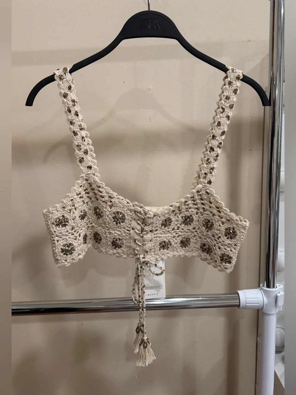ZARA Limited Edition Beaded Crochet Top Cream Size M NWT